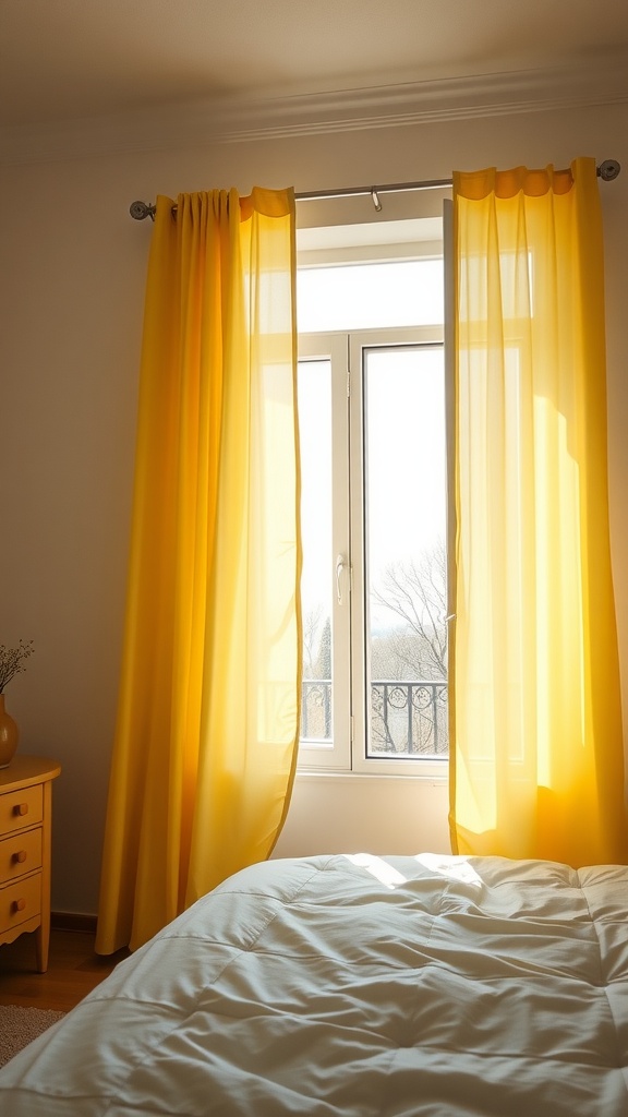 Bright yellow curtains in a sunny bedroom setting