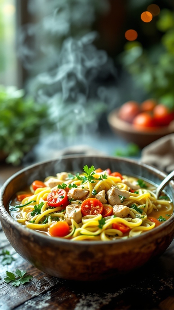 A warm bowl of zucchini noodle chicken soup with cherry tomatoes and herbs.