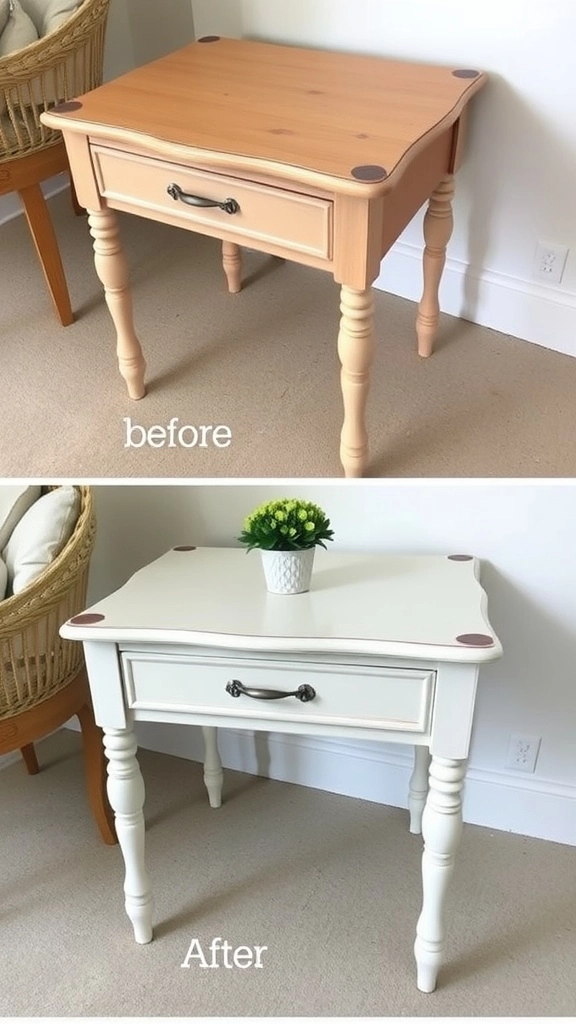 a before-and-after image of an upcycled side table with fresh paint and new hardware