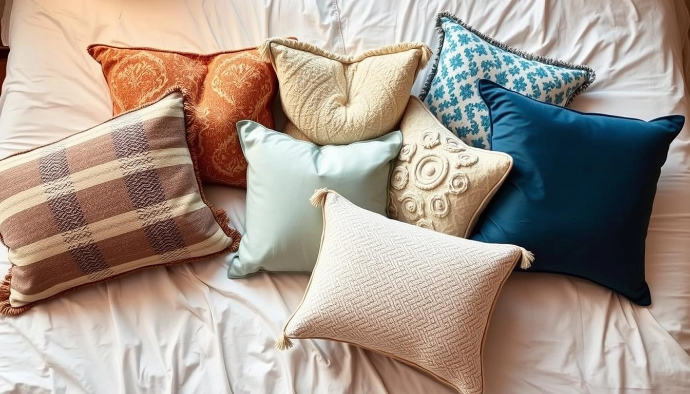 Artfully arranged decorative pillows in varied patterns and textures displayed on white bedspread, photographed from above in warm lighting