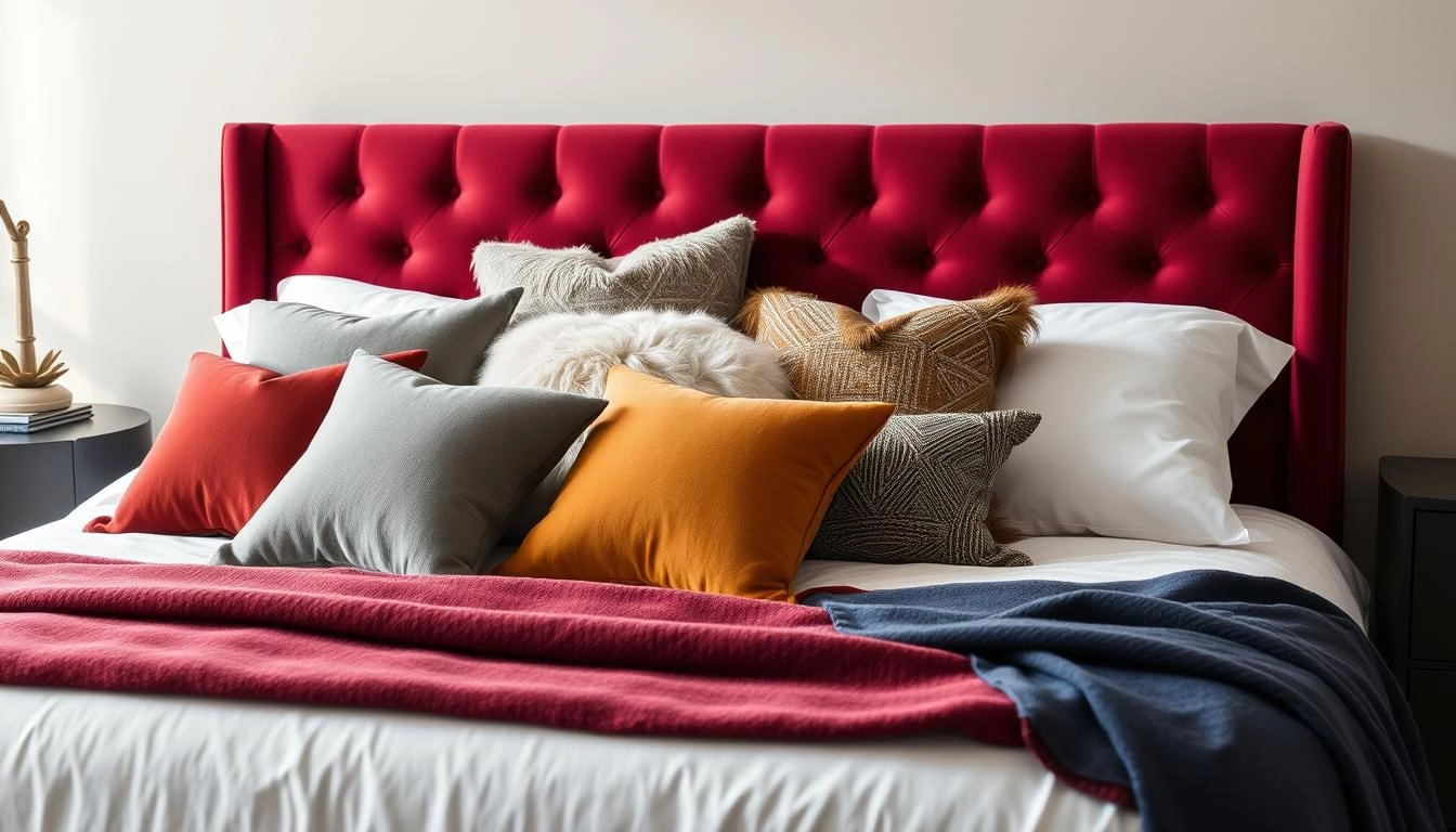 Easy Bedroom Styling Tips: Elegantly styled king bed with burgundy velvet headboard, layered with textured pillows in grey, ochre and terracotta, navy cashmere throw, warm lighting