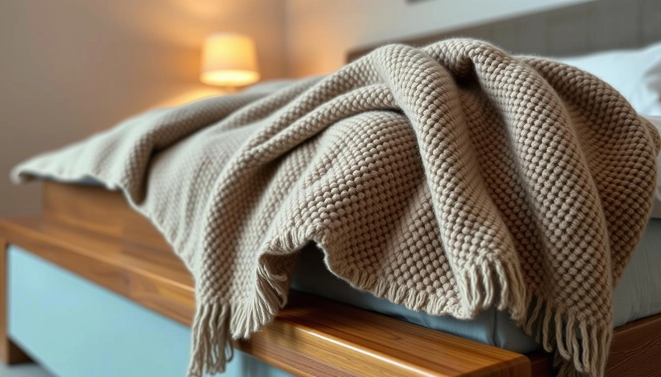 Cozy oversized throw blanket draped over wooden footboard, lit warmly, neutral tones against contemporary bedroom setting