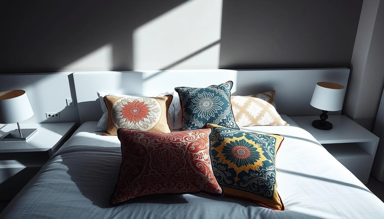 Patterned decorative pillows arranged on minimalist white bed, dramatic lighting emphasizing designs, modern sophisticated setting