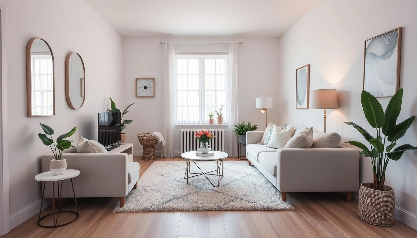 Small living room with minimalist furniture and soft pastel colors. Features strategic mirrors, plush rug, and simple decor with plants and art.