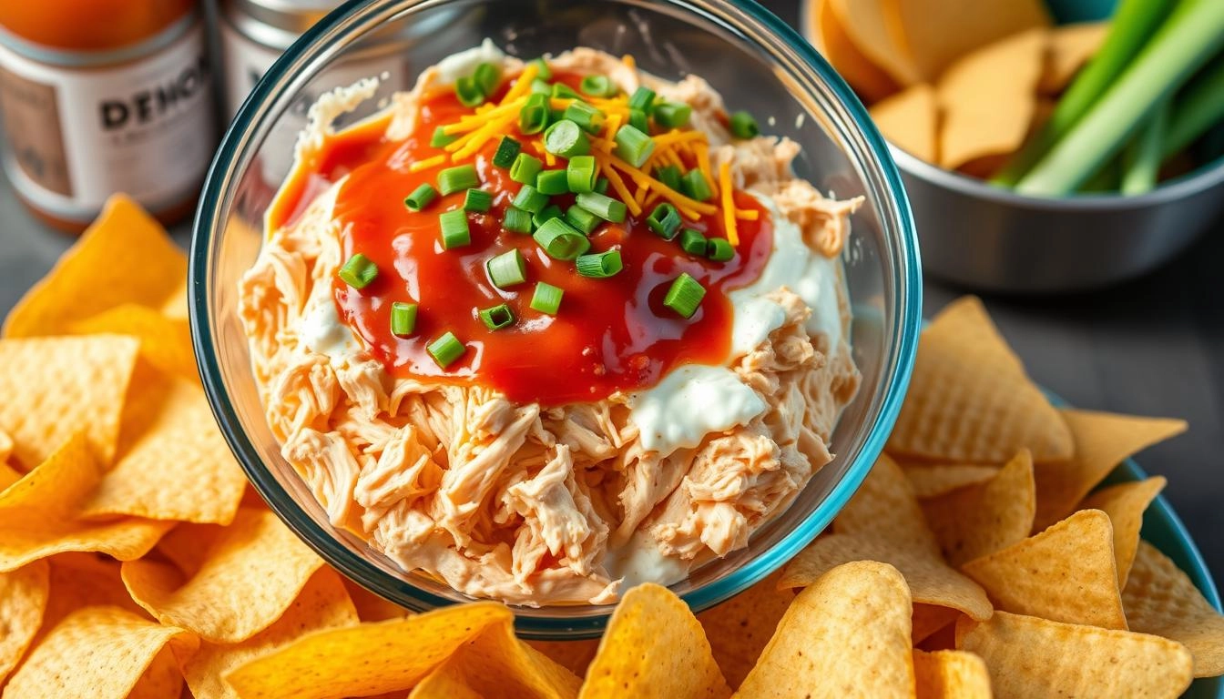 Creamy buffalo chicken dip being prepared with shredded chicken, cream cheese and hot sauce, topped with green onions, served with tortilla chips