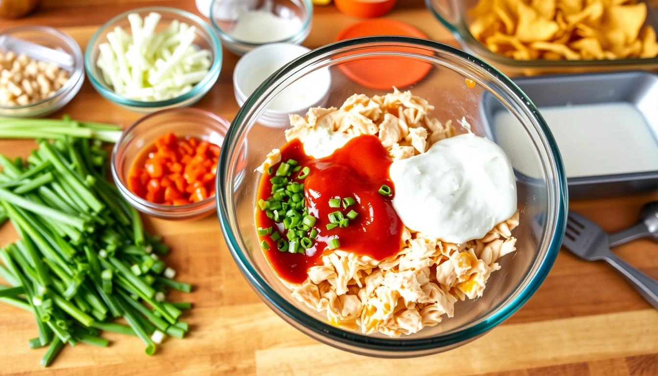 Step-by-step Buffalo Chicken Dip preparation with ingredients laid out: shredded chicken, cream cheese, hot sauce and ranch dressing, with garnishes and chips on wooden counter