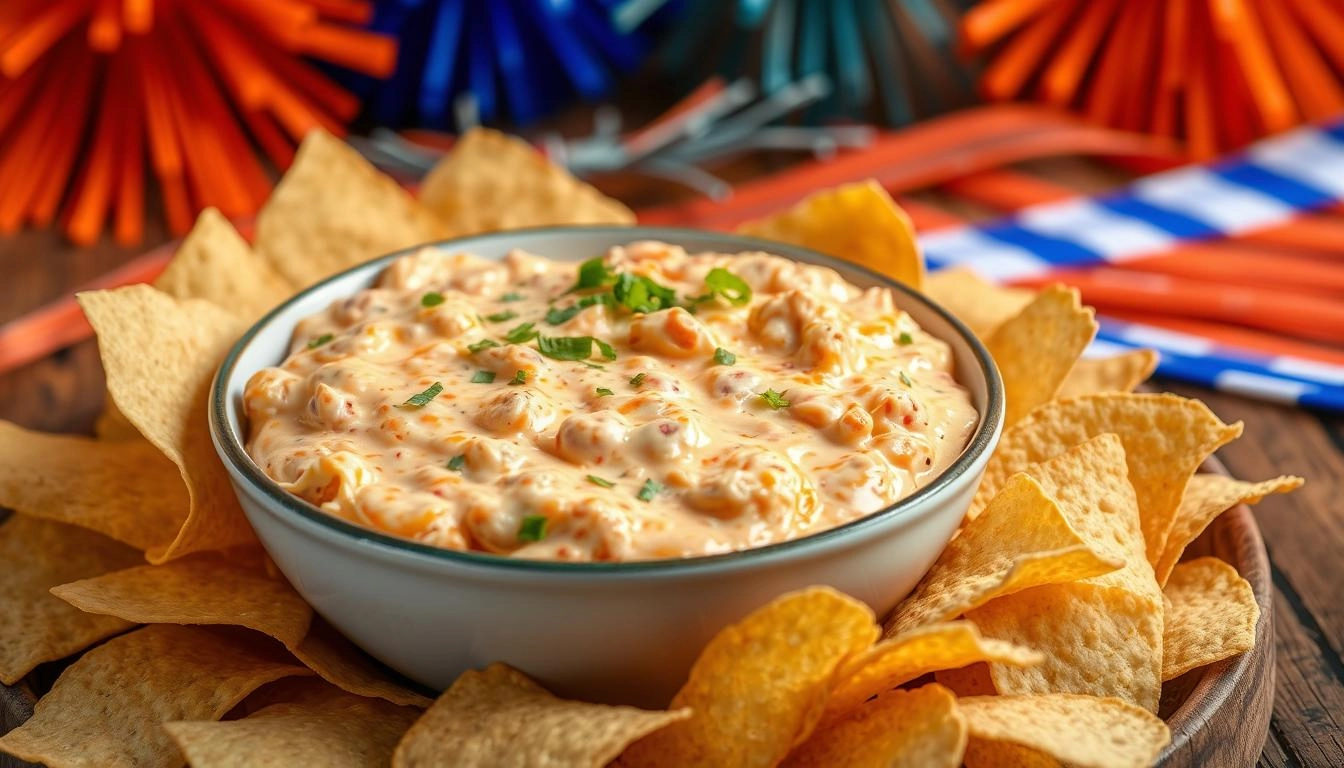 Creamy buffalo chicken dip with tortilla chips, set against game day decorations on wooden table