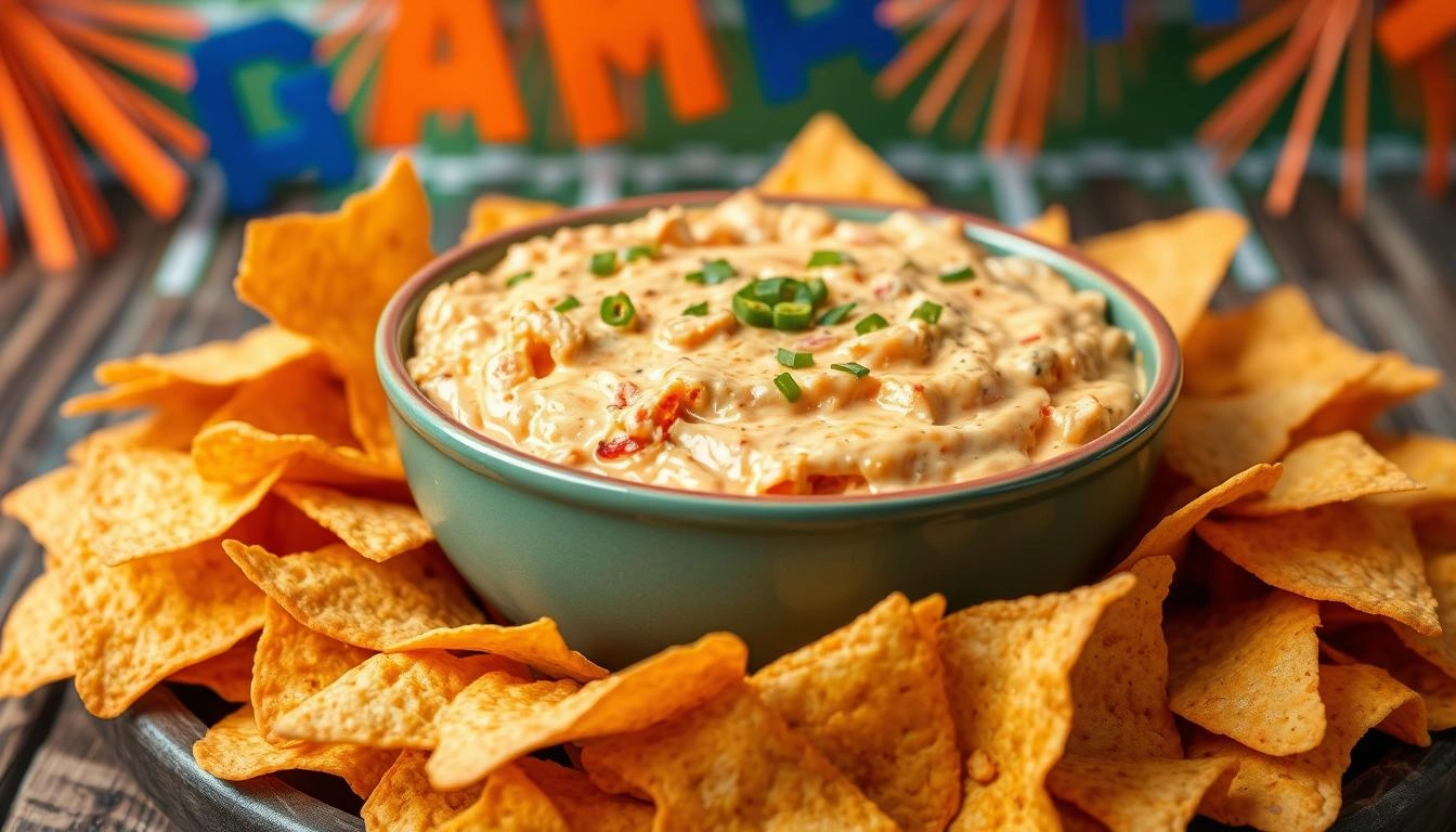 A bowl of creamy buffalo chicken dip with tortilla chips, game day decorations in orange and blue, rustic table setting