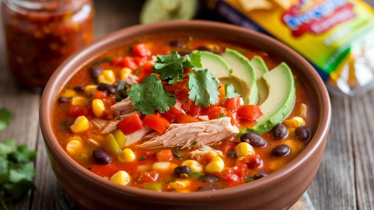 Bowl of Mexican chicken soup with shredded chicken, peppers, tomatoes, corn, topped with avocado and cilantro, rustic presentation with wooden spoon.