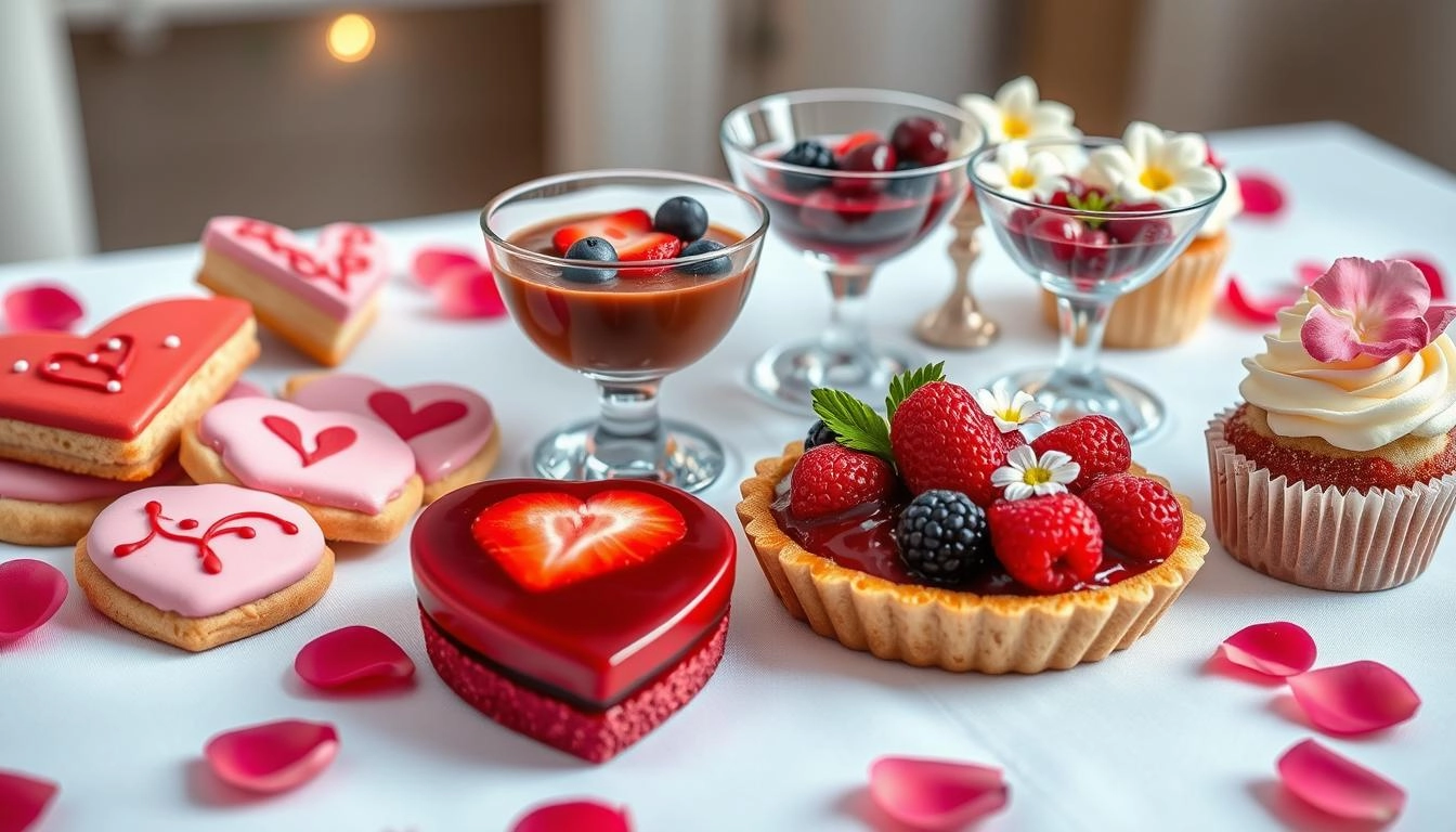 Gluten-free Valentine's desserts with decorated heart cookies, chocolate mousse cups, berry tarts and floral cupcakes, arranged with roses and soft lighting.