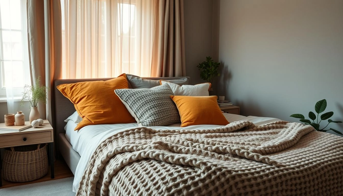 Cozy bedroom with plush bedding, textured pillows in ochre, sage, and slate, a chunky knit blanket, soft lighting, and natural-toned decor.