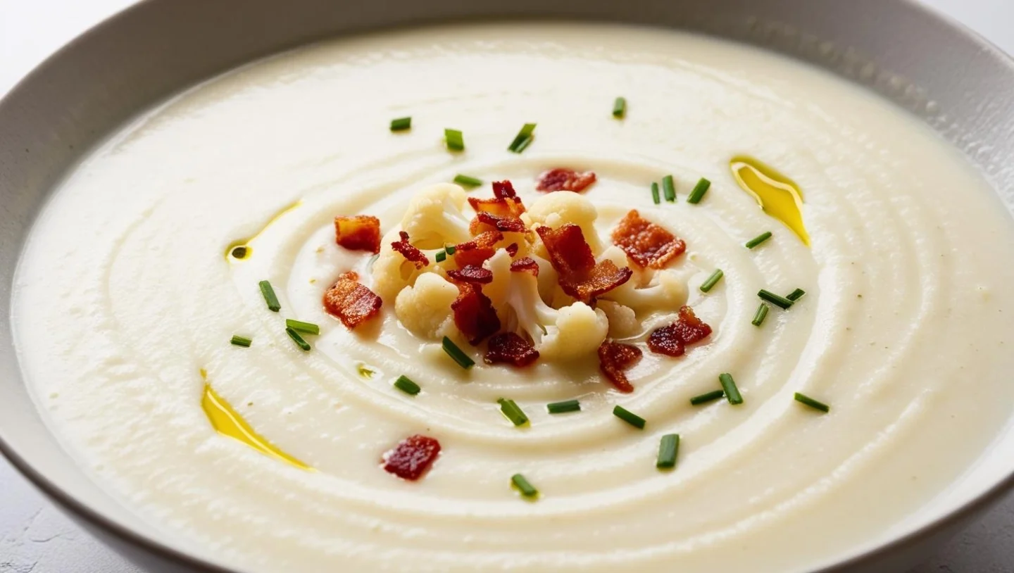 Creamy cauliflower soup topped with crispy bacon and parsley in white bowl, rustic wooden table setting