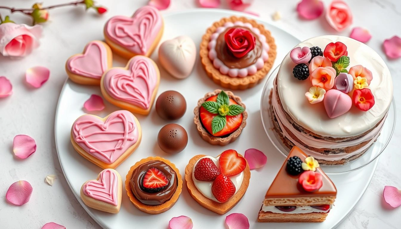 Gluten-free Valentine's desserts with decorated heart cookies, chocolate truffles, fruit tarts and floral layer cake, displayed with rose petals and soft lighting.