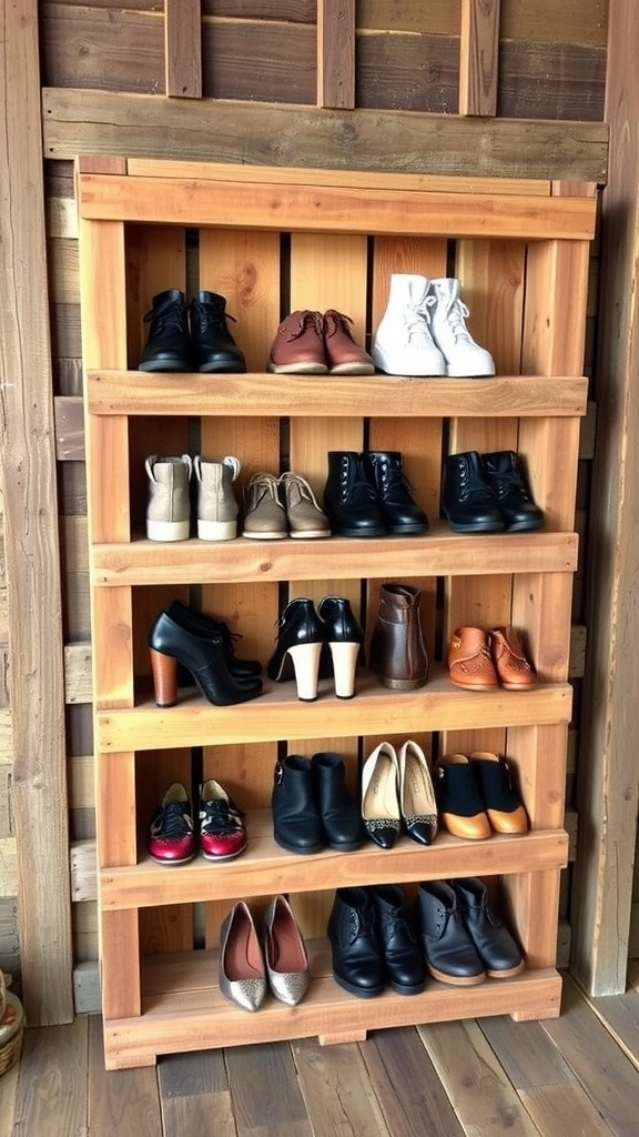 A DIY pallet shoe storage rack displaying various pairs of shoes.