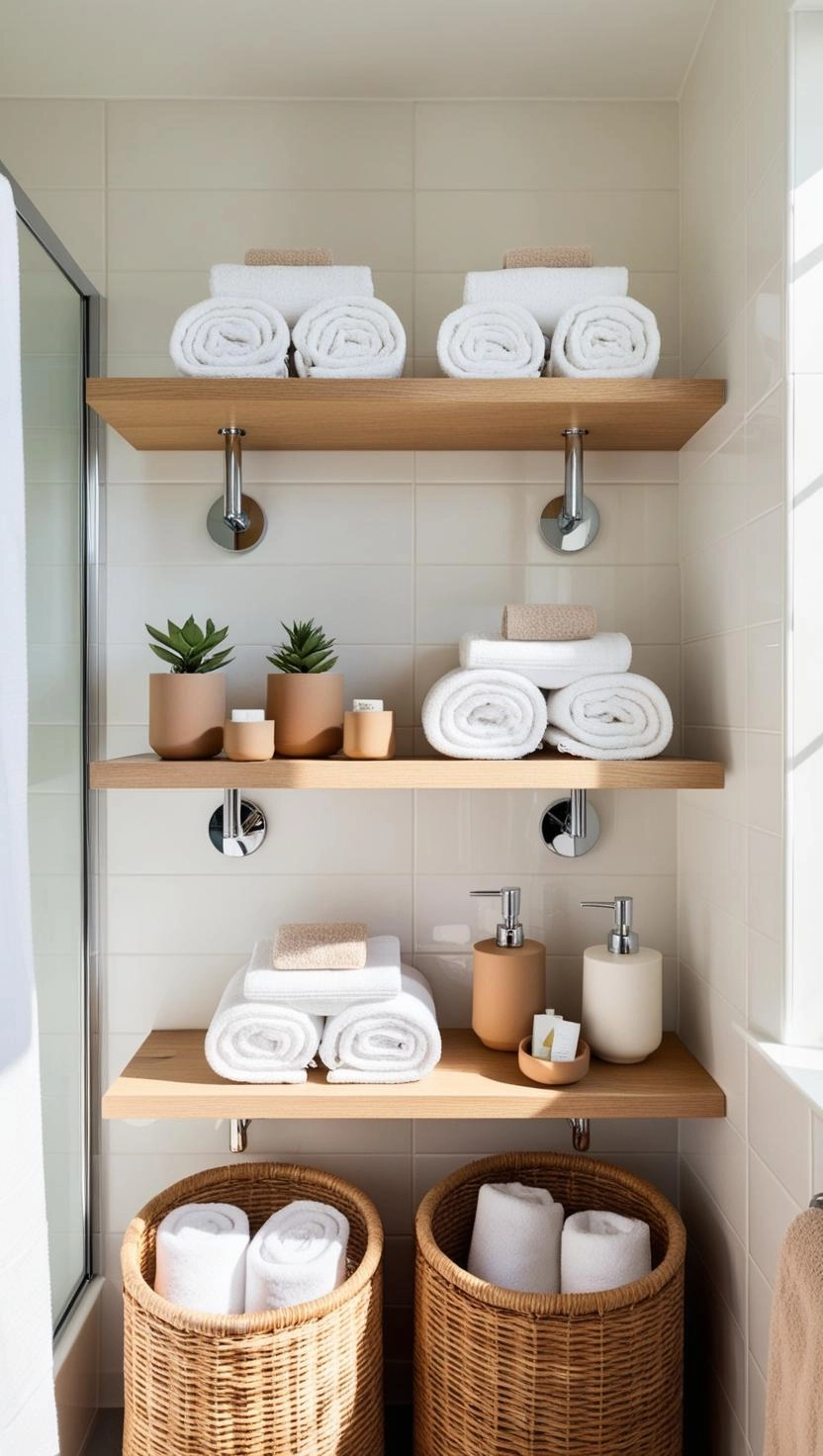 Small bathroom with decorative baskets and shelves for storage.