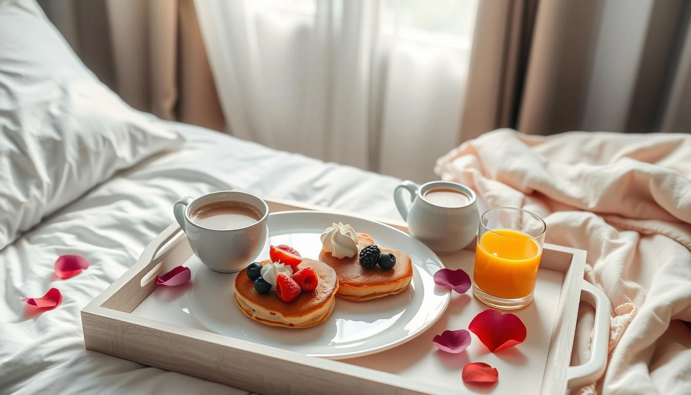 Romantic breakfast tray on white bedding - heart pancakes with berries and cream, coffee, orange juice, and rose petals, bathed in soft morning light.