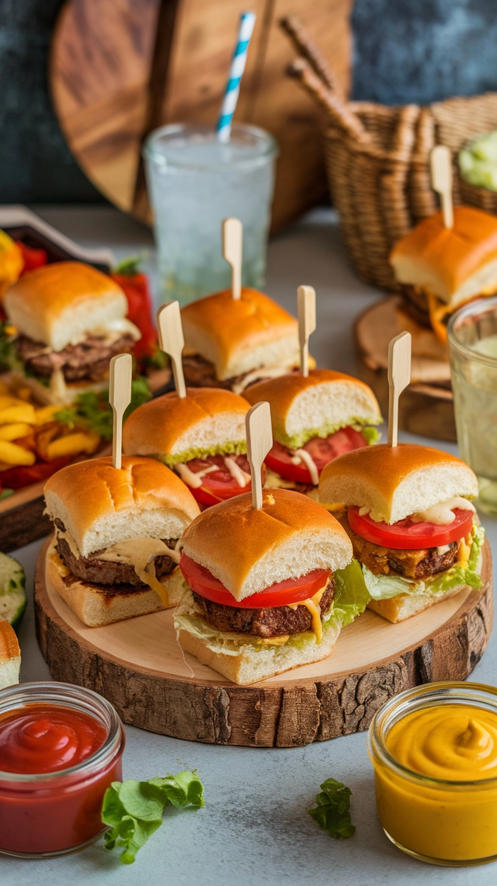 Grilled mini sliders with lettuce, tomato and melted cheese on toasted buns, party setting with drinks and sides