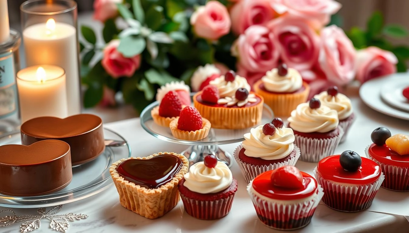 Gluten-free Valentine's desserts including chocolate mousse hearts, raspberry tarts, red velvet cupcakes and fruit panna cotta, arranged with roses and candlelight.