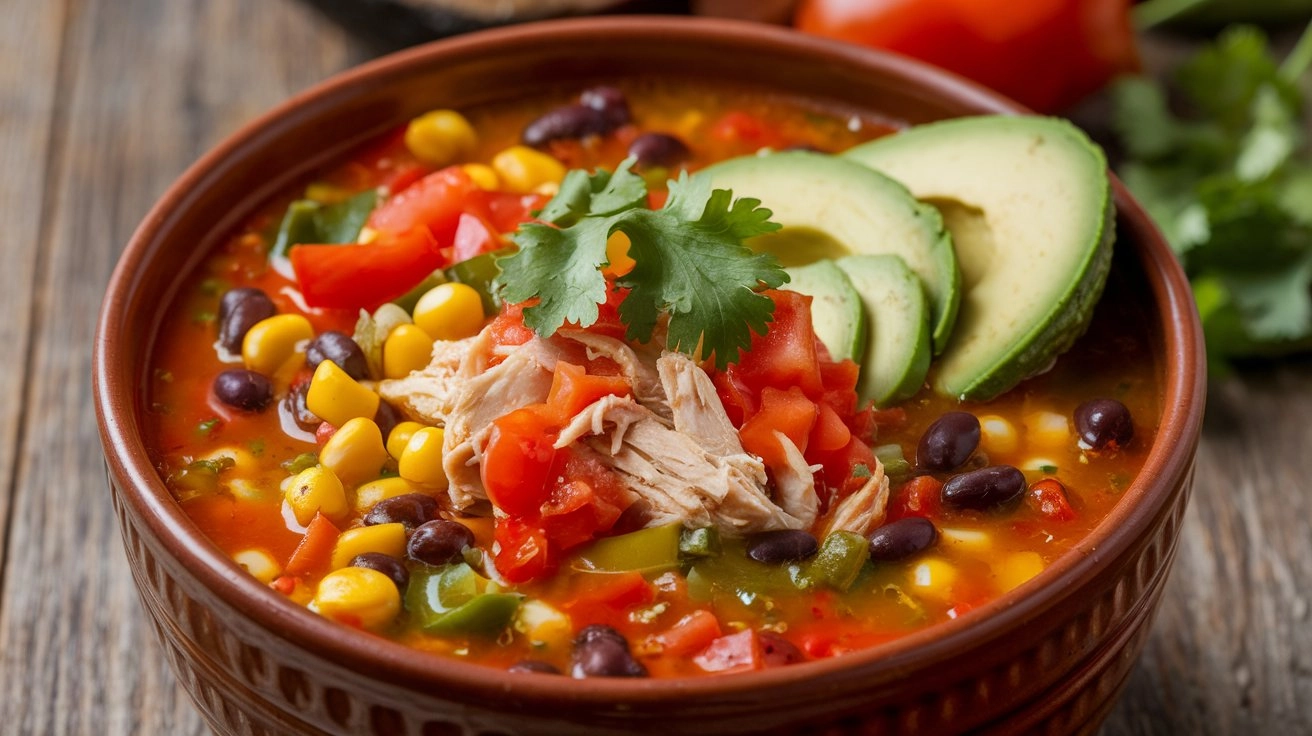 Bowl of chicken tortilla soup with shredded chicken, vegetables, avocado, and cilantro garnish on wooden table.