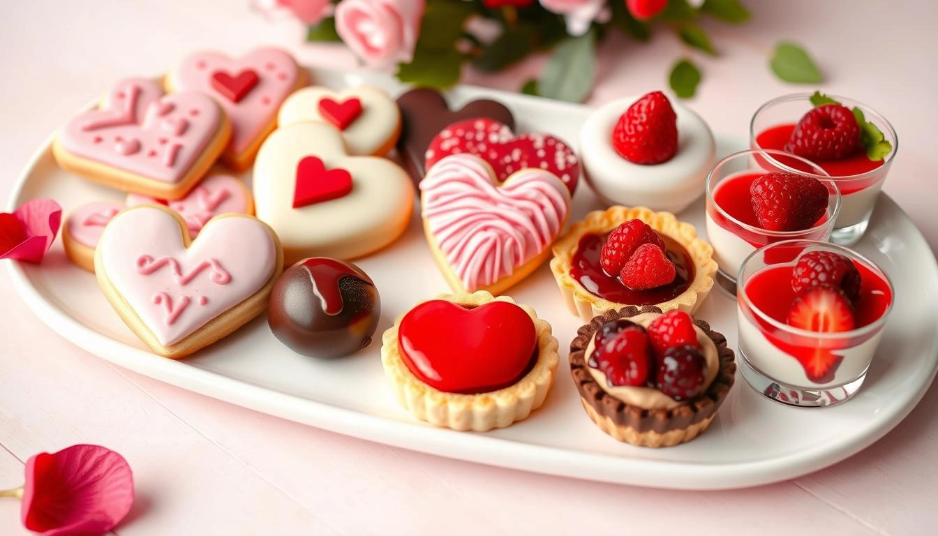 Gluten-free Valentine's desserts featuring decorated heart cookies, chocolate truffles, berry tarts and raspberry mousse cups, arranged on a platter with romantic lighting.