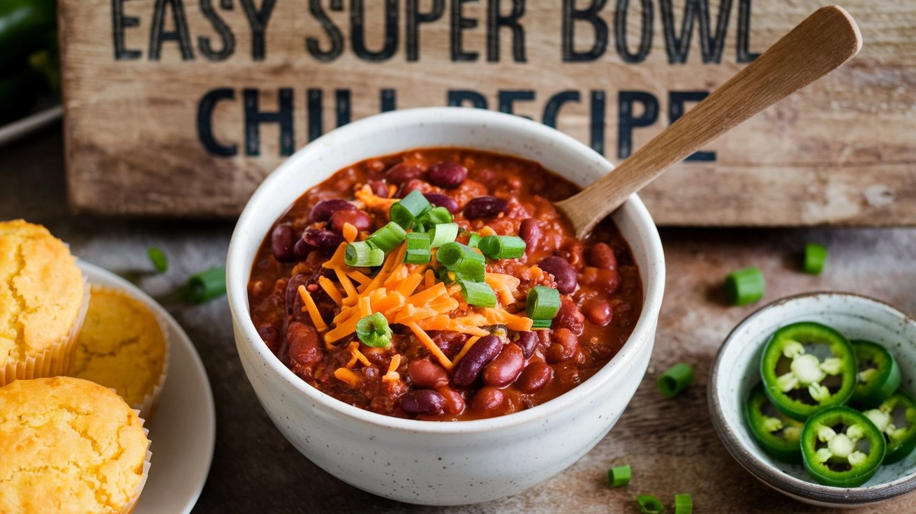 Delicious Super Bowl Chili Recipe saved with cupcakes and fresh sliced chili