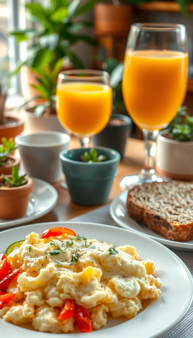 Healthy breakfast plate with egg white scramble and peppers, served with orange juice and whole grain toast on a wooden table with plants.