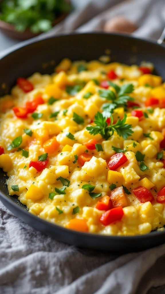 A vibrant delicious egg white scramble with diced bell peppers 