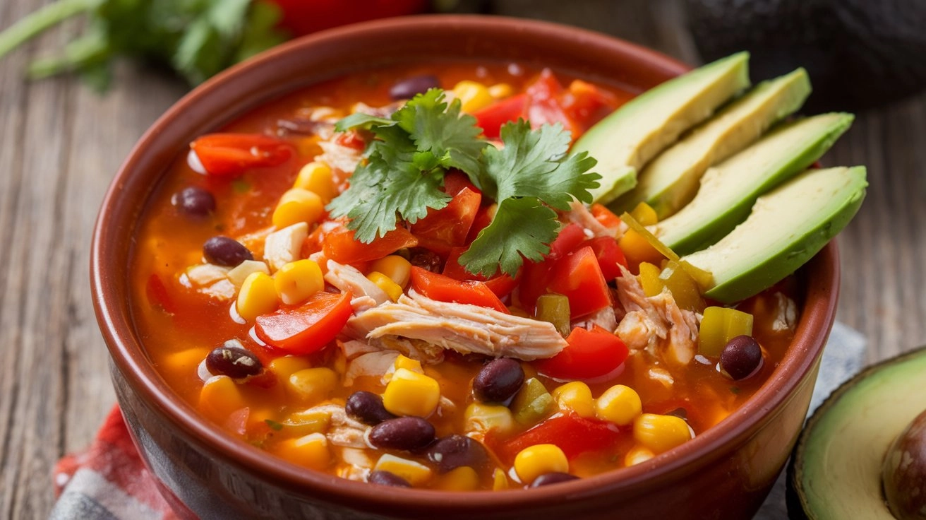 Steaming chicken tortilla soup with lime, cilantro, tomatoes, corn, beans and peppers, served on wooden table in natural light.