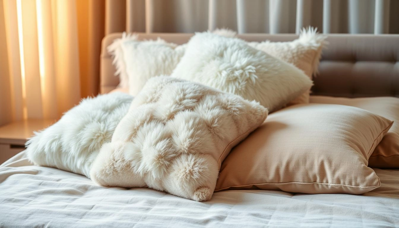 Cozy bedroom with velvety bedding, oversized fluffy pillows in neutral tones, and soft lighting for a relaxing atmosphere.