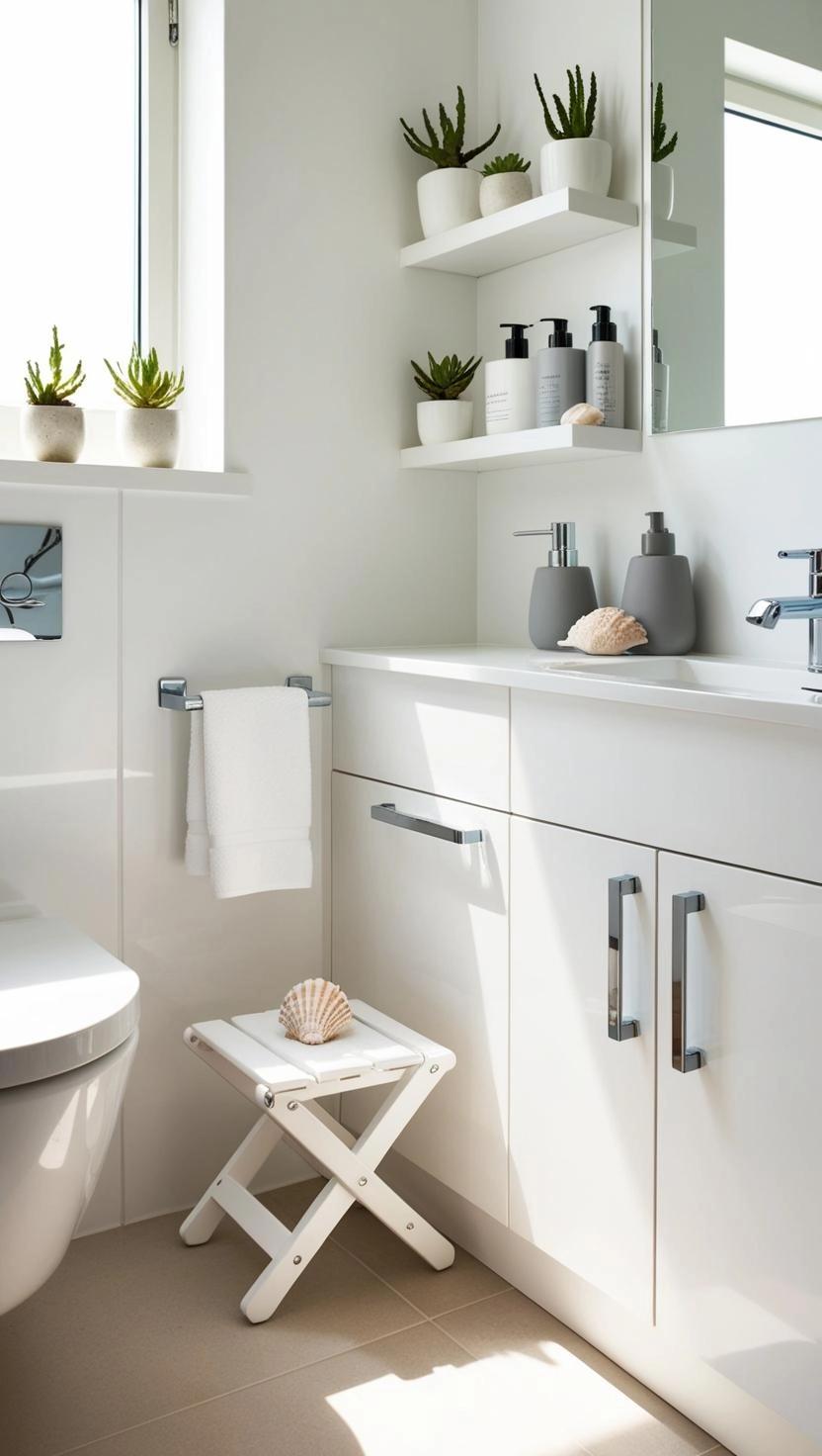 Small bathroom with foldable stool and shelves