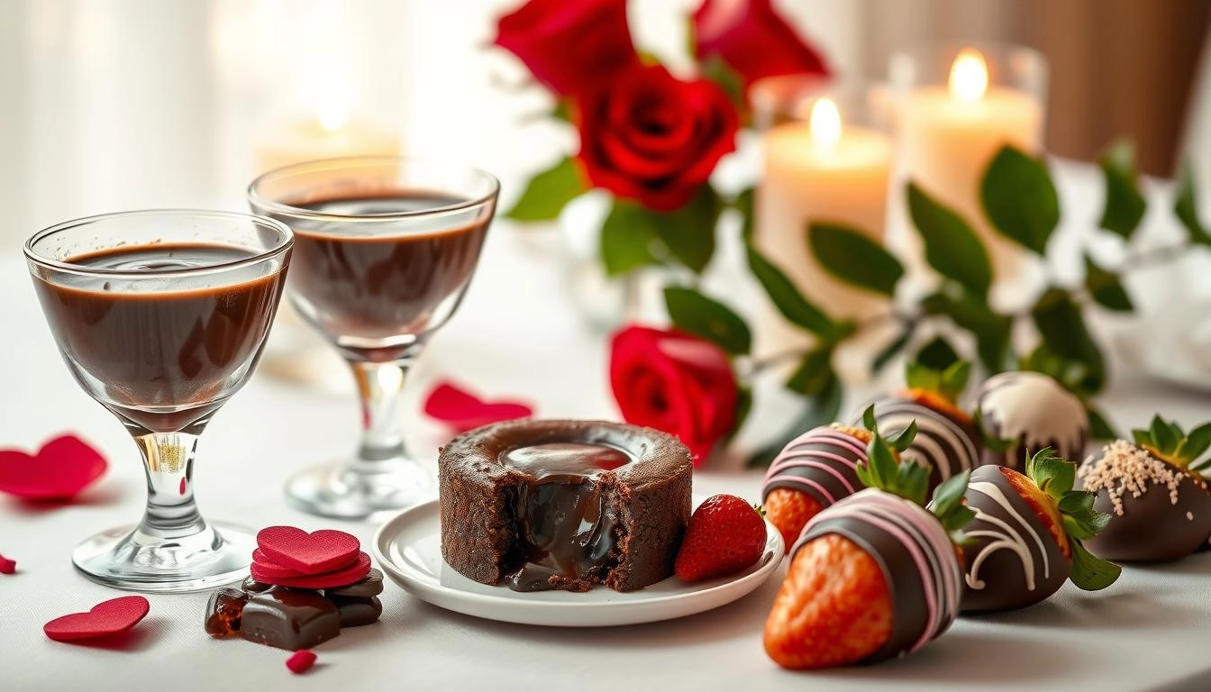 Gluten-free chocolate desserts featuring chocolate mousse cups, lava cakes and decorated strawberries, set with candlelight and roses.