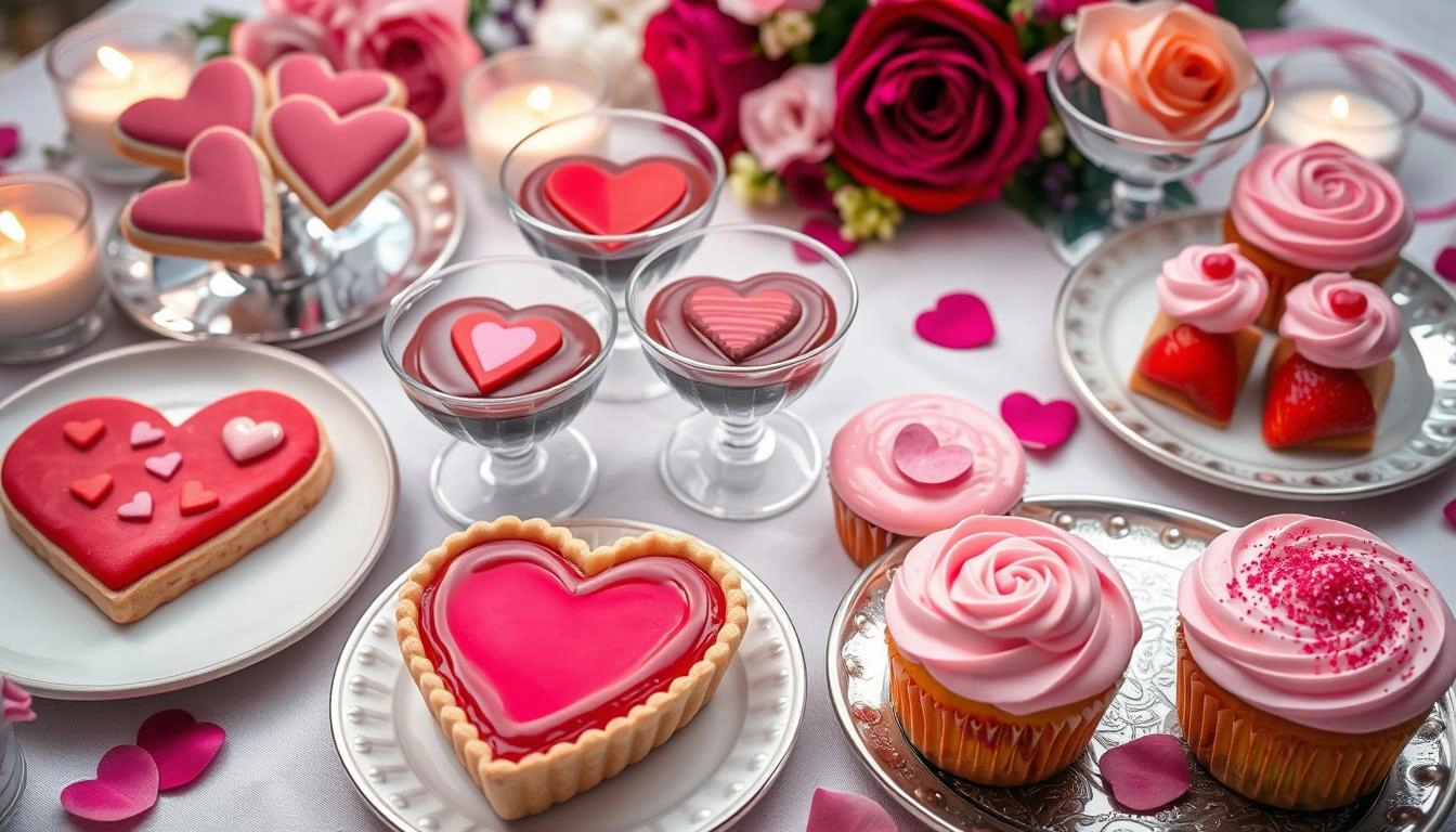 Gluten-free Valentine's desserts including decorated heart cookies, chocolate mousse, strawberry tarts and pink cupcakes, arranged with flowers and candlelight.