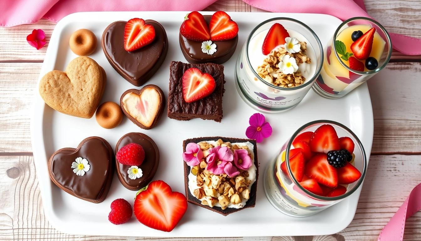 Healthy gluten-free Valentine's desserts including raspberry almond cookies, chocolate avocado mousse, coconut brownies and fruit parfaits, arranged on a wooden table with pink and red accents.