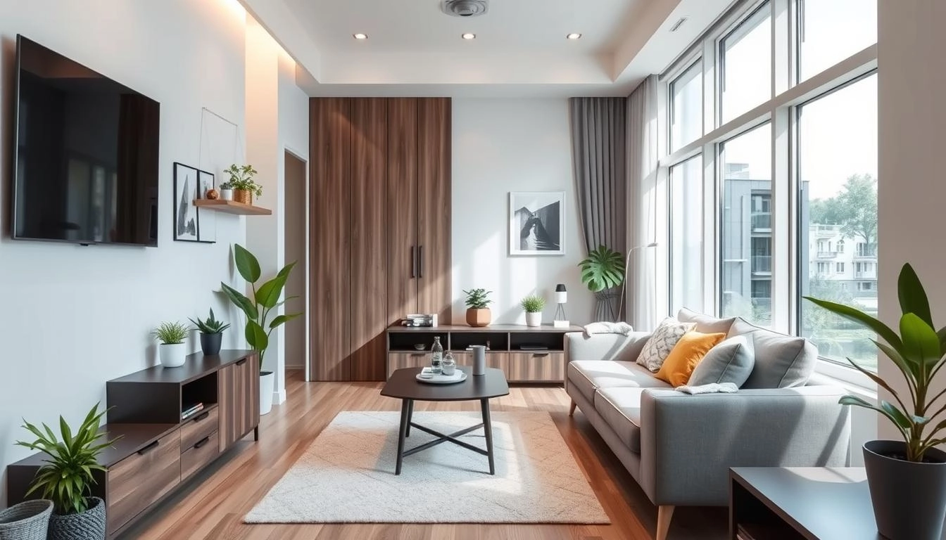 Small modern living room with multi-functional furniture and smart tech. Features bright colors, open layout, and natural light, enhanced by minimalist decor and plants.