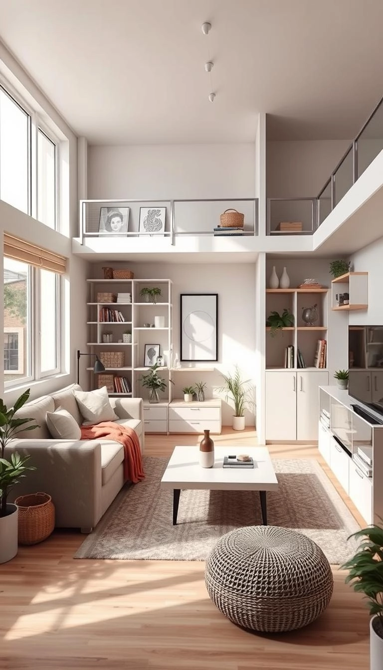 Space-efficient minimalist living room with compact sofa, storage solutions, and natural light. Features open layout, multi functional furniture, and decorative plants.
