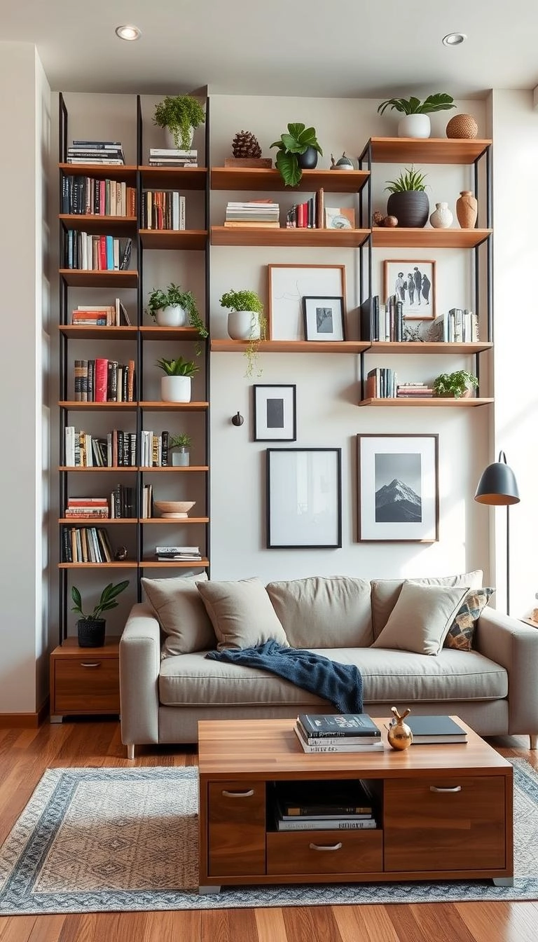 Modern living room with vertical shelving, compact furniture, and smart storage solutions. Bright space features books, plants, and art in an organized design.