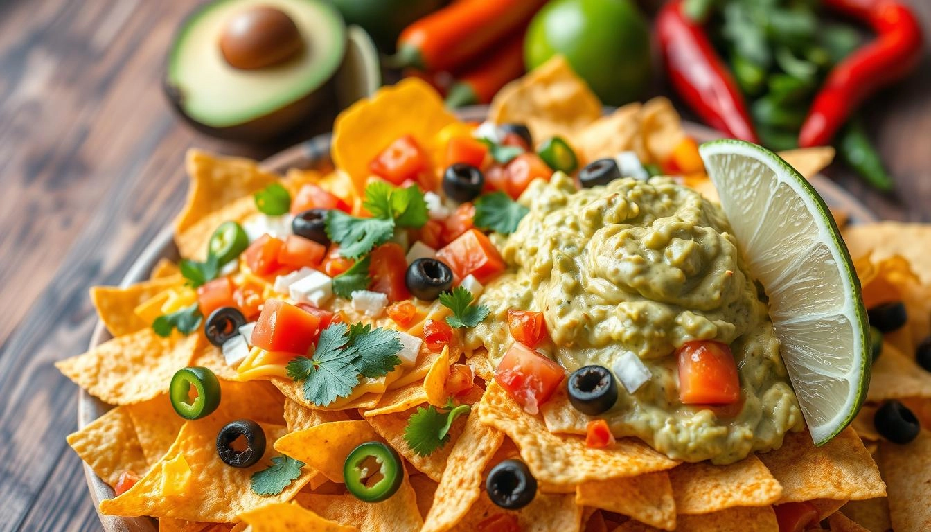 Loaded nachos with melted cheese, jalapeños, tomatoes and olives, served with fresh guacamole and lime wedges on wooden table