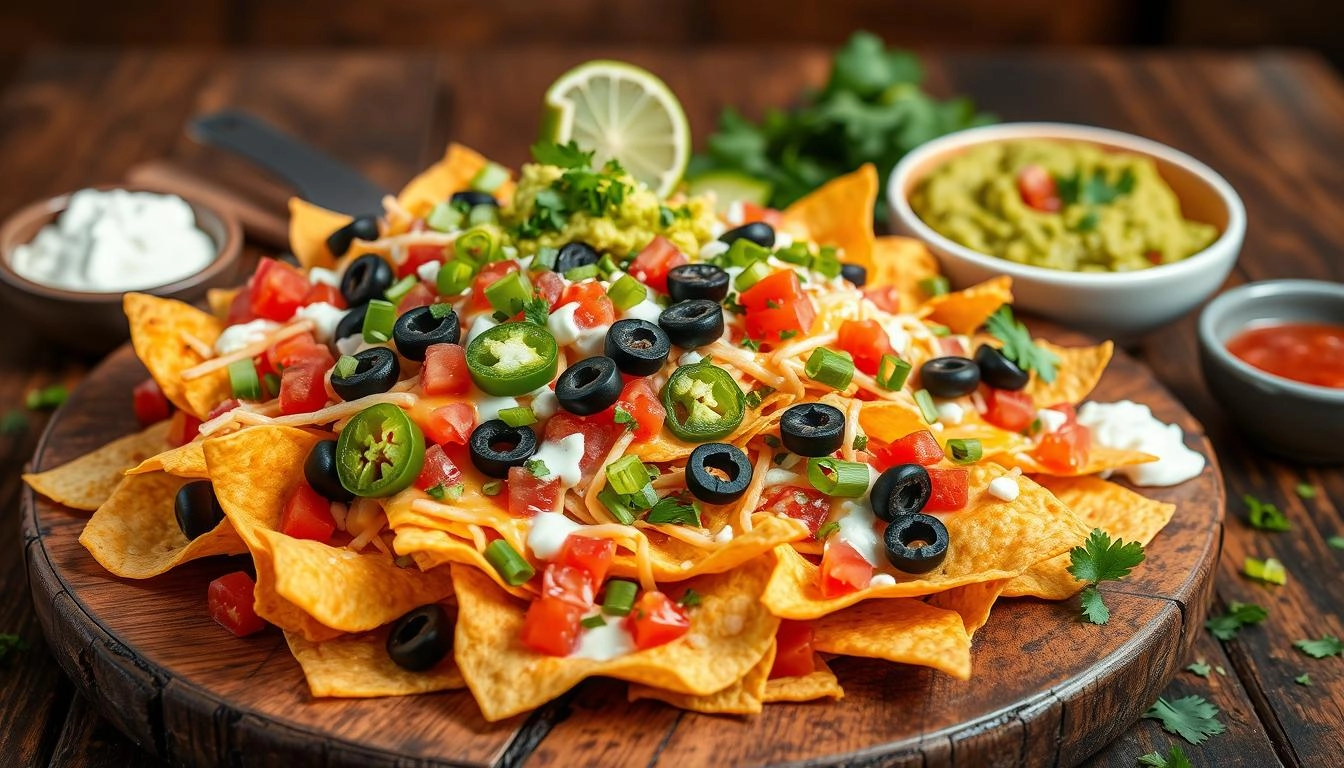 Loaded nachos with melted cheese, jalapeños, tomatoes and olives, served with guacamole, sour cream and salsa, garnished with cilantro