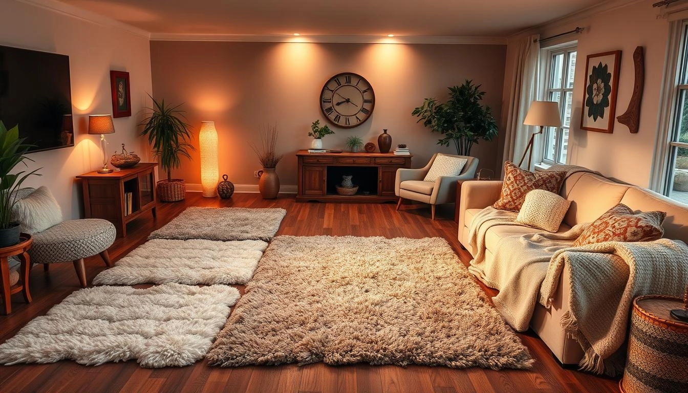 Warm living room featuring diverse plush rugs, comfortable furniture, soft lighting, natural elements, and cozy blankets creating a serene, inviting atmosphere.