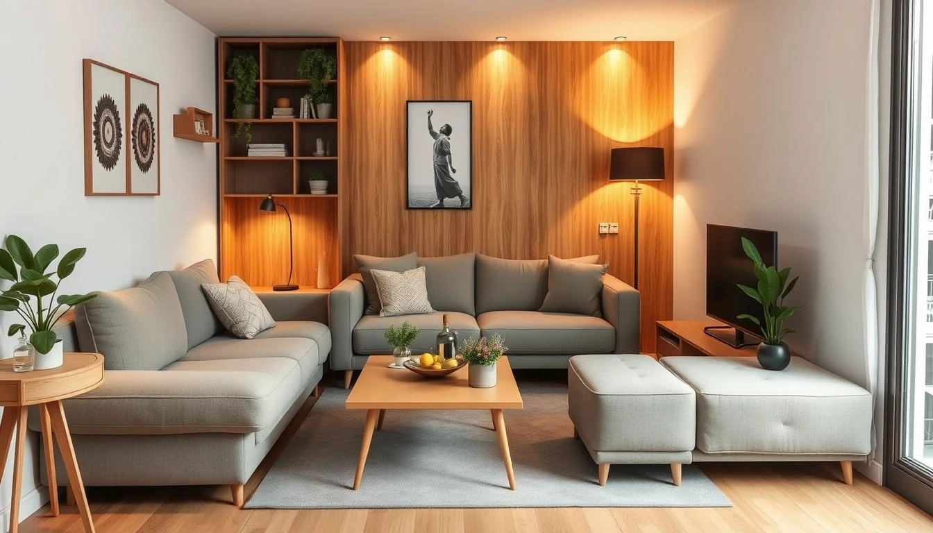 Small living room with multi-functional furniture: sofa bed, extendable table, and storage ottoman. Features warm lighting and plants in a space-saving design.