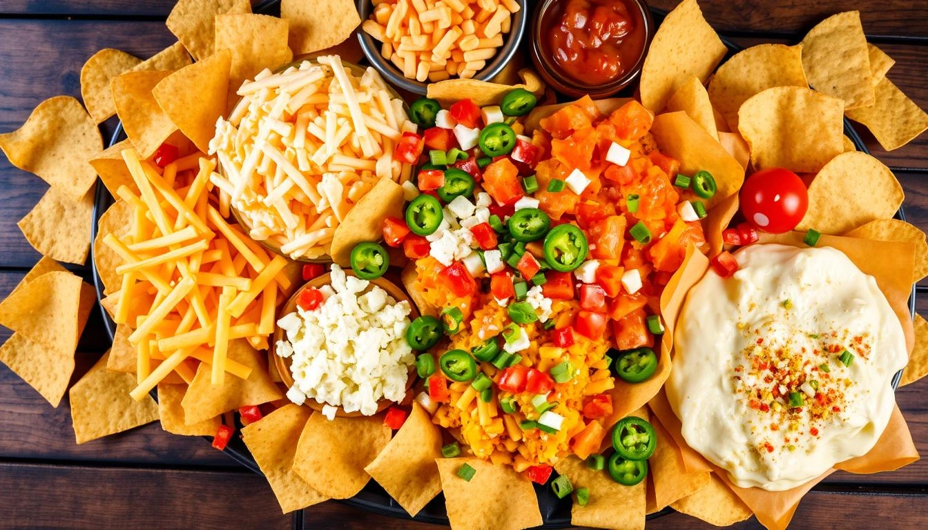 Variety of melted and crumbled cheeses for nachos with jalapeños, tomatoes and green onions, served with tortilla chips