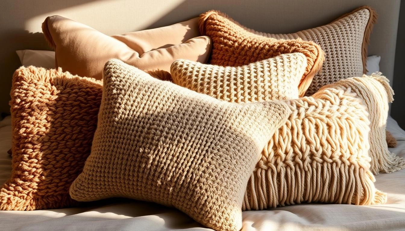 Layered velvet and linen pillows in warm neutrals and pastels, arranged on white bedspread, soft lighting highlighting textures