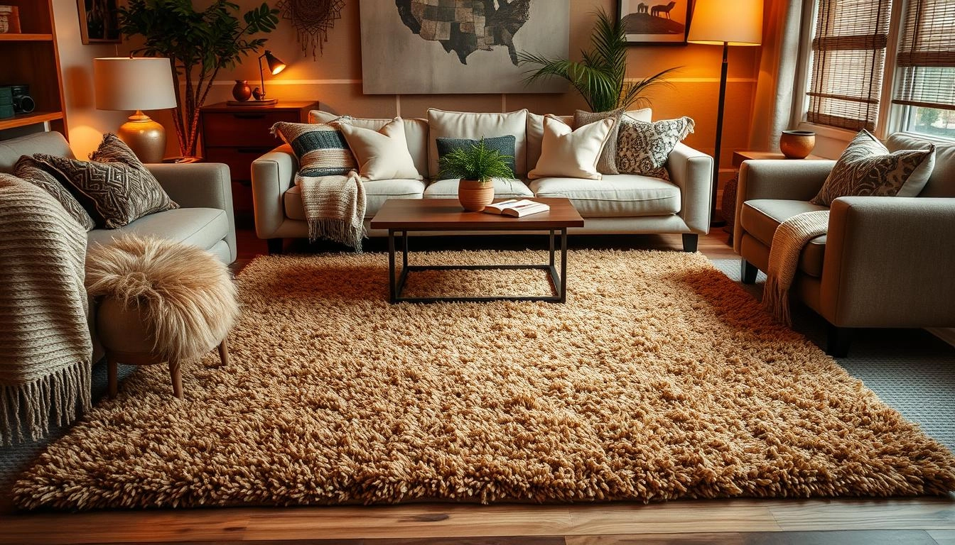 Inviting living room with various textured rugs in earthy tones, featuring shag, Persian, and woven designs, complemented by comfortable furniture and soft lighting.