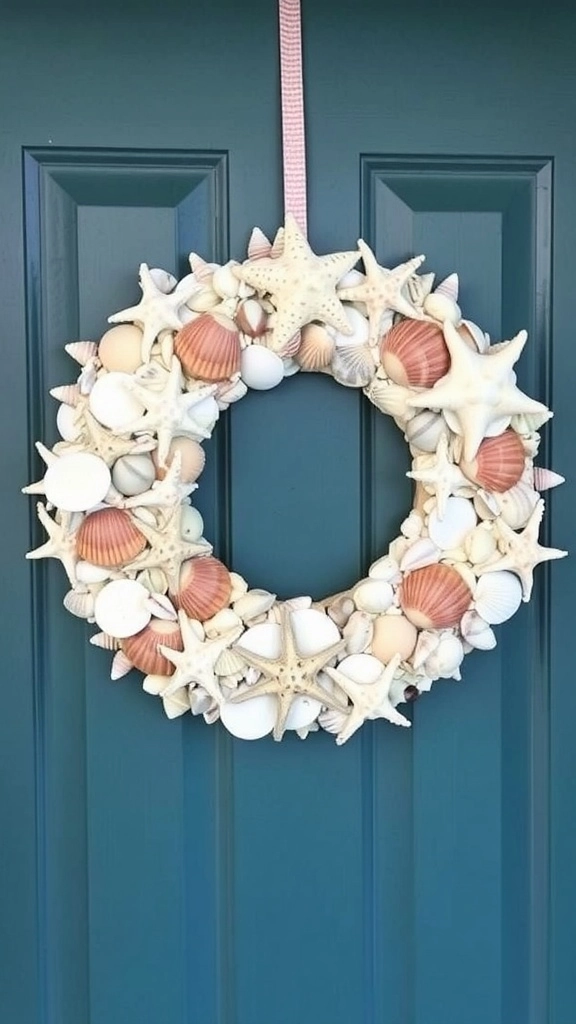 A wreath made of seashells and starfish hanging on a door.