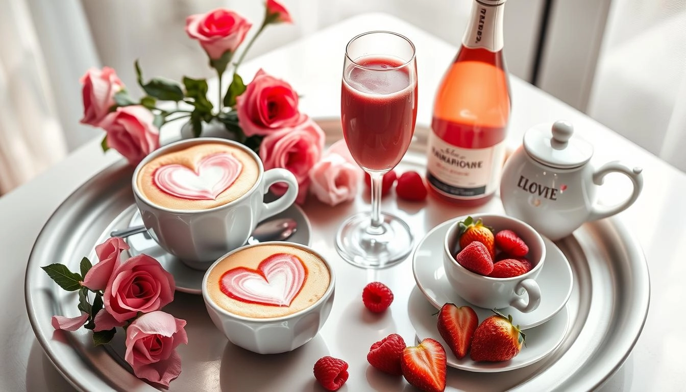 Valentine's Day breakfast tray with heart-shaped lattes, strawberry smoothie, pink champagne, and fresh flowers.