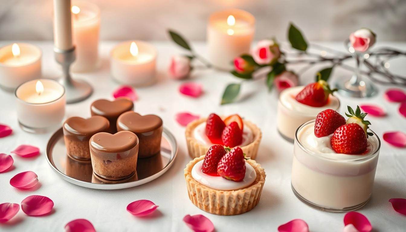 Gluten-free Valentine's desserts with chocolate mousse hearts, raspberry tarts and strawberry panna cotta, arranged with candlelight and rose petals.