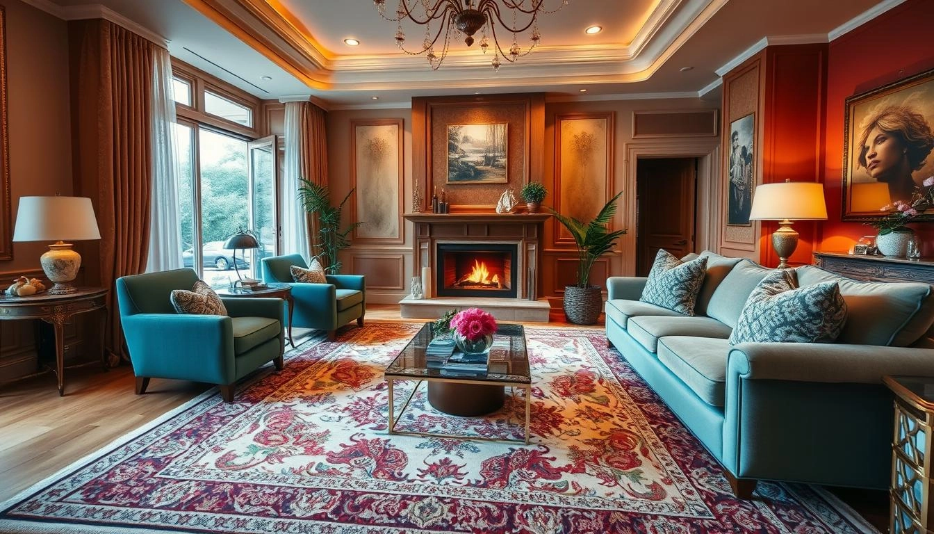 Luxurious living room with an elegant area rug, plush furniture, warm fireplace, and tasteful decor bathed in soft lighting.