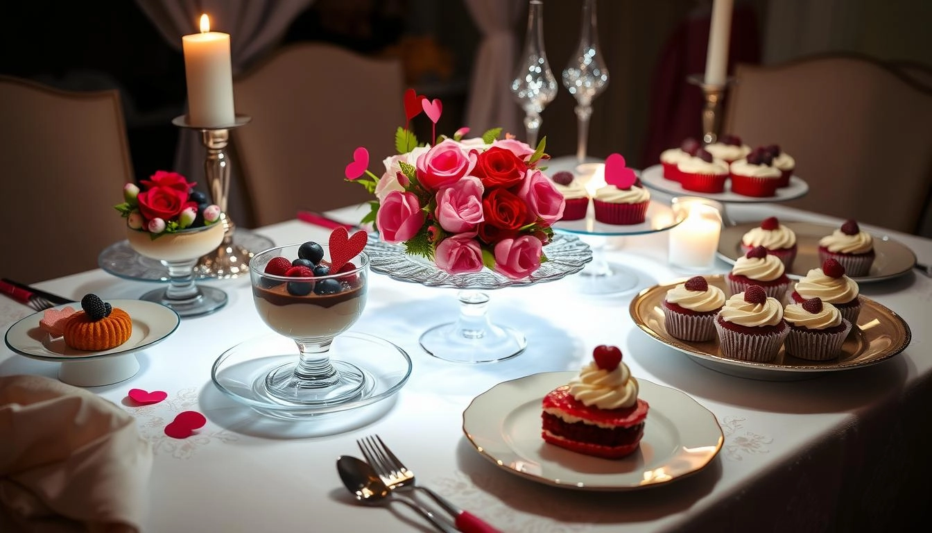 Romantic Valentine's table with gluten-free desserts, chocolate mousse, berry tarts, and red velvet cupcakes under soft candlelight.