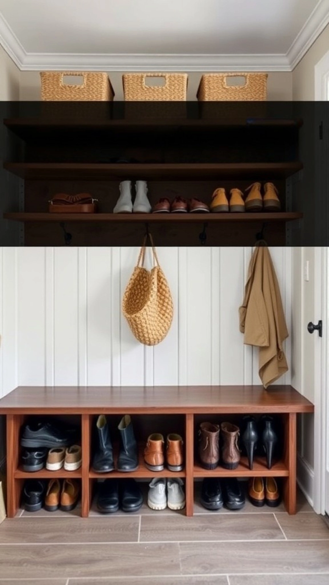 A cozy mudroom showing various shoes neatly organized on shelves and a bench.