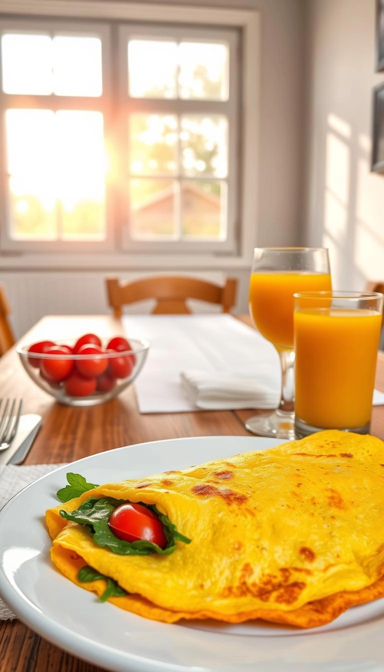 A veggie omelet with spinach and tomatoes served on a rustic wooden table by a sunny window, accompanied by orange juice. The scene is bathed in natural light, creating a warm breakfast atmosphere.